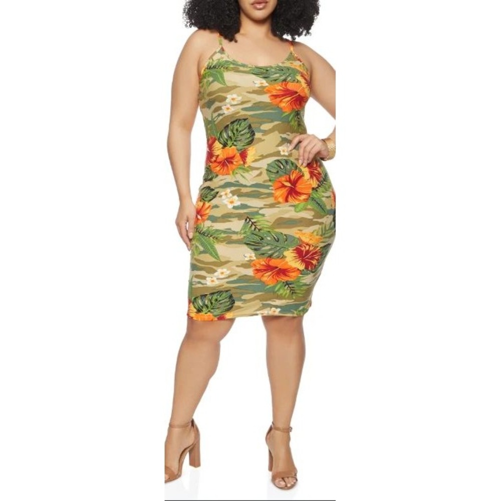 Plus Size Women's Army Camo Floral Sleeveless Knee Length Dress 2X
